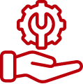 Icon of a hand holding a gear with a wrench inside, in yellow.
